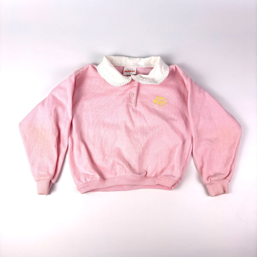 VTG 80s Health-Tex Collared Long Sleeve Shirt Girls Sz 6 Pink White Floral Yello